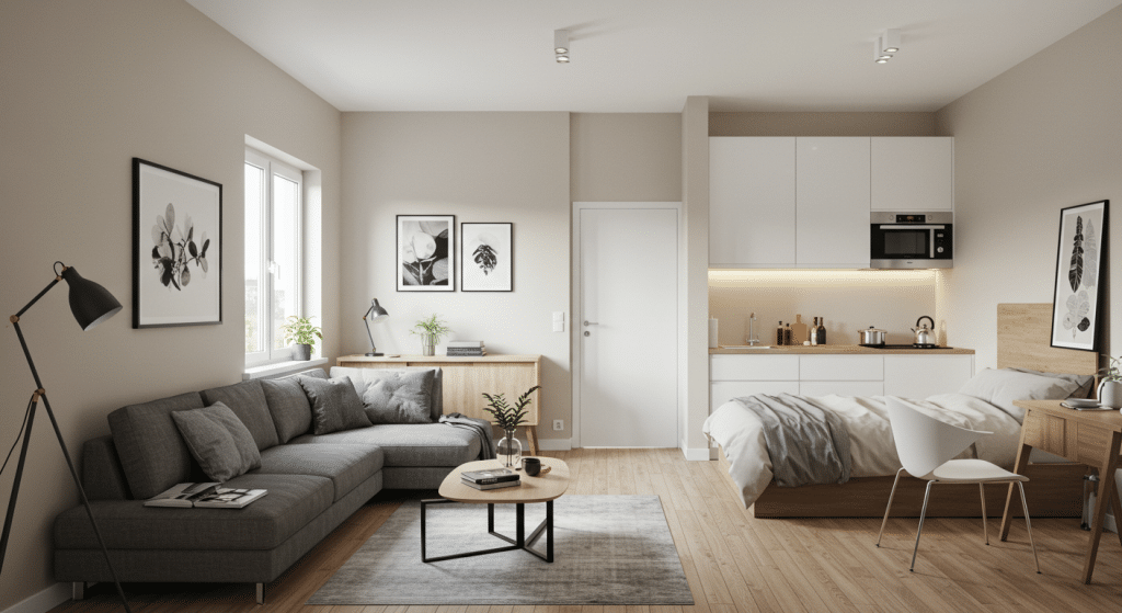Apartamento pequeno e moderno, com sala de estar e área de cozinha integradas. A decoração minimalista inclui sofá cinza, mesa de café, luminária de piso, quadros nas paredes e cama com cabeceira de madeira.