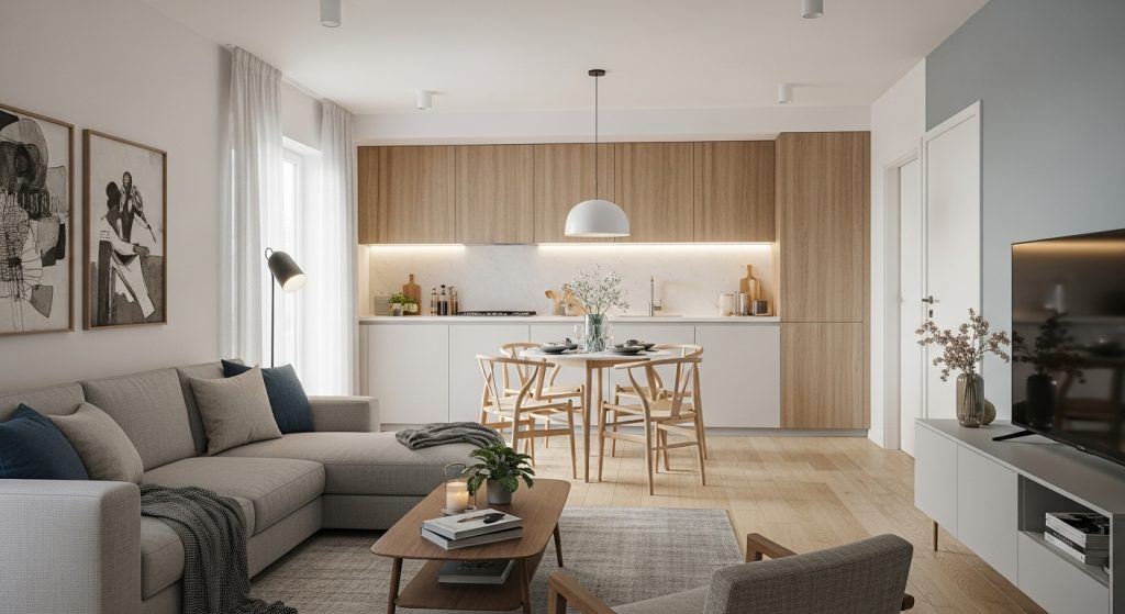 Sala de estar integrada com cozinha, sofá claro, mesa de jantar com cadeiras de madeira, quadros na parede e uma iluminação suave no ambiente.