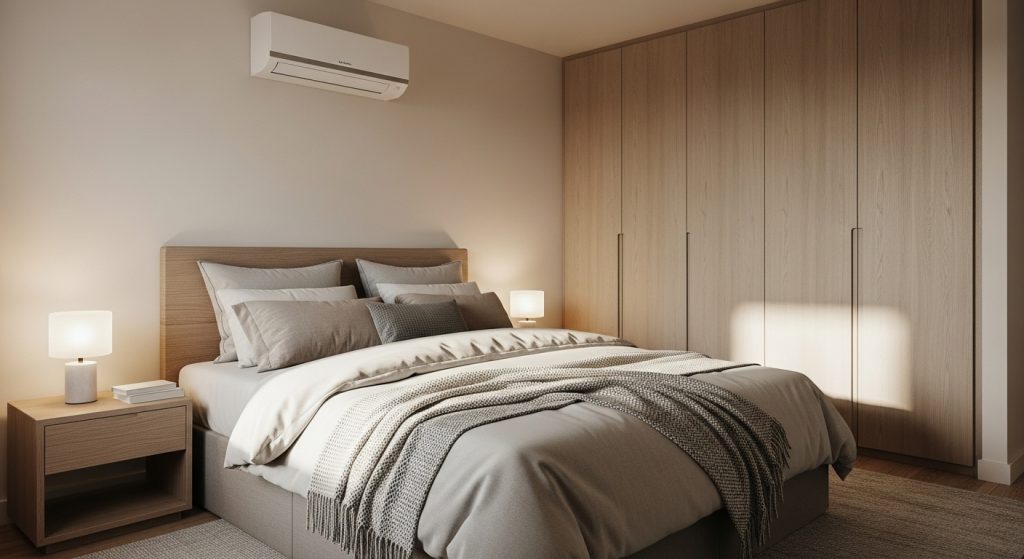 Quarto minimalista com cama de casal, roupas de cama neutras e iluminação suave, com um armário de madeira clara e um ar-condicionado na parede.