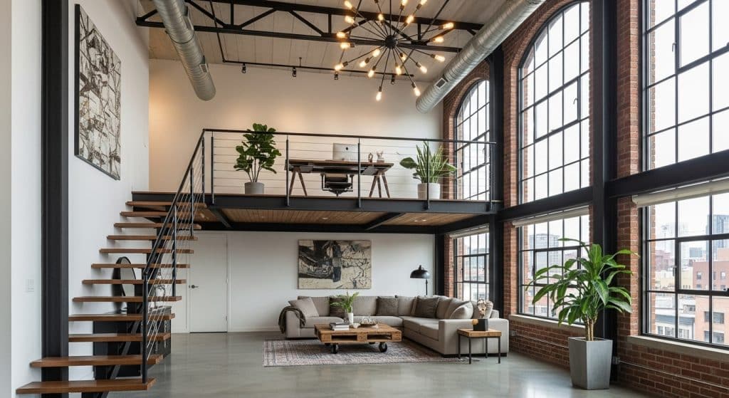 O ChatGPT disse:
Loft moderno com pé direito alto, escada de madeira e ferro, e grandes janelas de vidro. O ambiente conta com uma sala de estar com sofá e mesa de café, além de um escritório no mezanino com mesa e plantas.