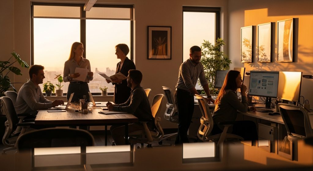 Escritório moderno ao entardecer, com várias pessoas trabalhando em computadores e conversando, com luz suave vindo das janelas.