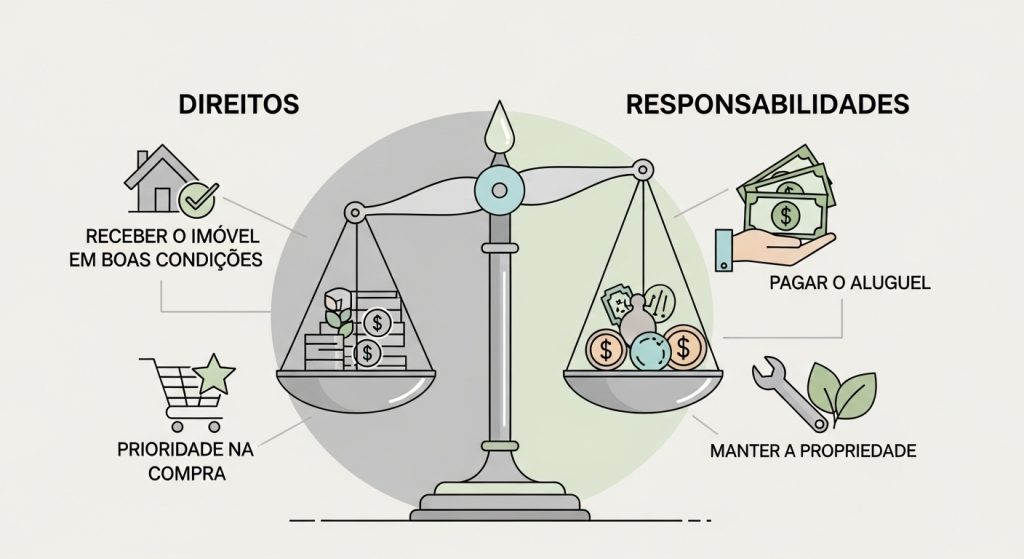 Ilustração sobre os direitos e responsabilidades de um inquilino, com uma balança equilibrando ícones como dinheiro, imóvel e tarefas como pagar aluguel e manter a propriedade.