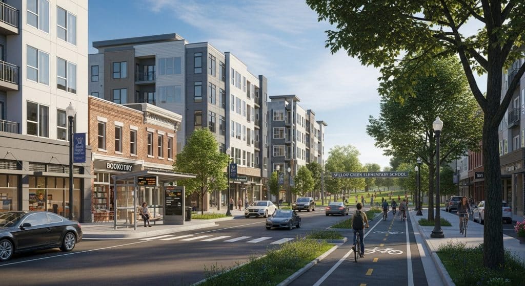 O ChatGPT disse:
Visão de um bairro moderno com prédios residenciais, lojas no térreo e ciclovia, além de uma praça com pedestres e ciclistas. Ao fundo, há a escola "Willow Creek Elementary School" e árvores ao longo da rua.