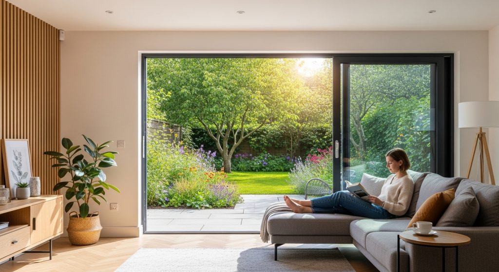 Mulher relaxando em um sofá lendo um livro, com vista para um jardim florido e bem iluminado ao ar livre através de uma grande janela.