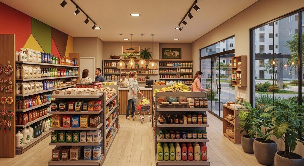Interior de mercearia com prateleiras cheias, pessoas fazendo compras e decoração aconchegante com luminárias pendentes.