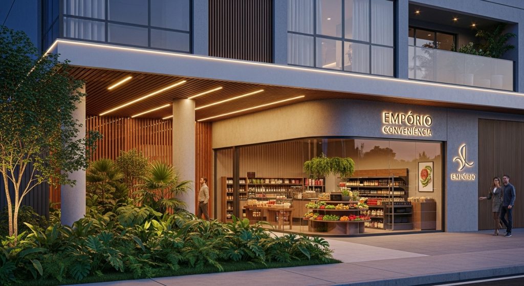 Fachada de loja Empório Conveniência com letreiro iluminado, vitrine de frutas e vegetação decorativa.
