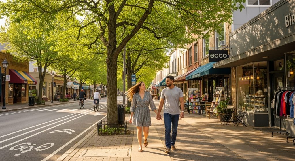 Casal caminha de mãos dadas por calçada de rua comercial com lojas e ciclovia, em área urbana arborizada.