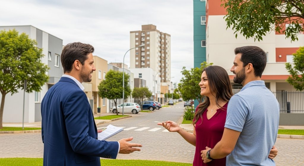 Casal conversa com corretor de imóveis em rua residencial arborizada com prédios e casas modernas ao fundo.