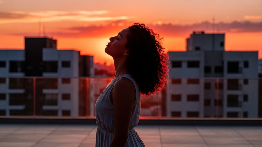 Mulher de perfil com olhos fechados em sacada ao pôr do sol, prédios ao fundo e céu alaranjado.