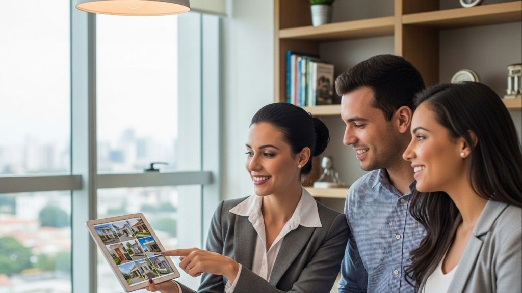 Corretora mostrando imóveis em tablet para casal sorridente em escritório com vista urbana ao fundo.