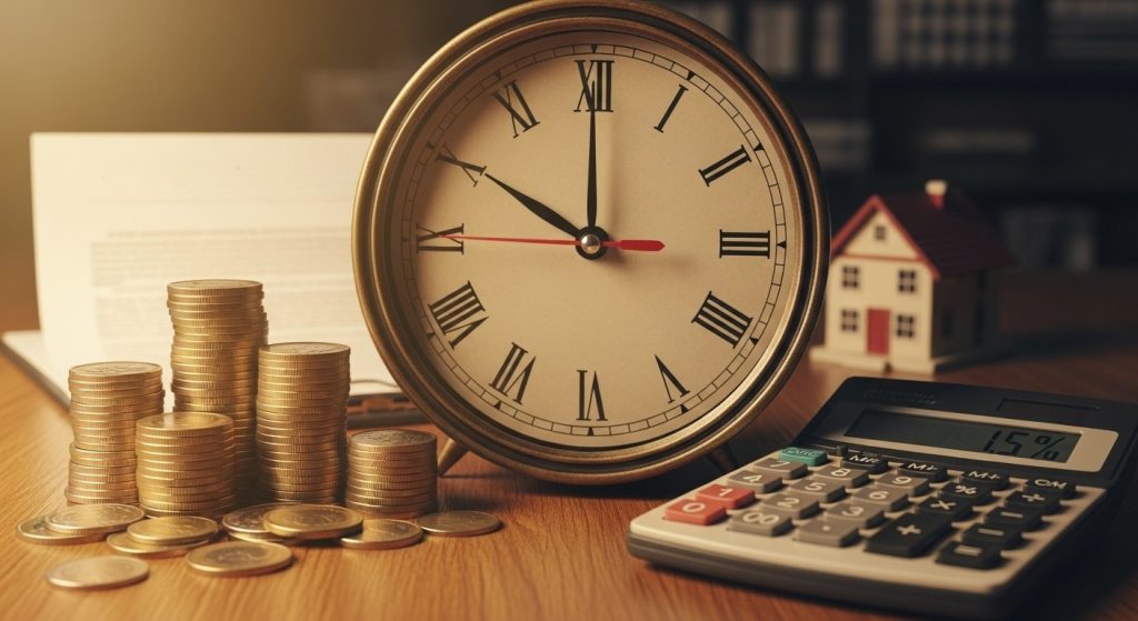 Relógio com números romanos entre moedas, calculadora com taxa de 1,5% e miniatura de casa sobre mesa.