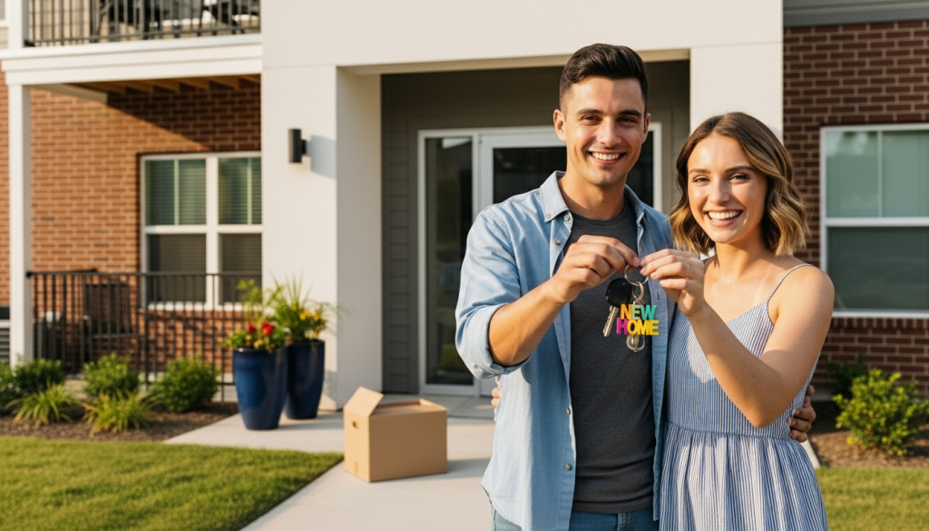 Casal sorridente segurando chave com chaveiro escrito “NEW HOME” em frente a nova residência com caixas ao fundo.