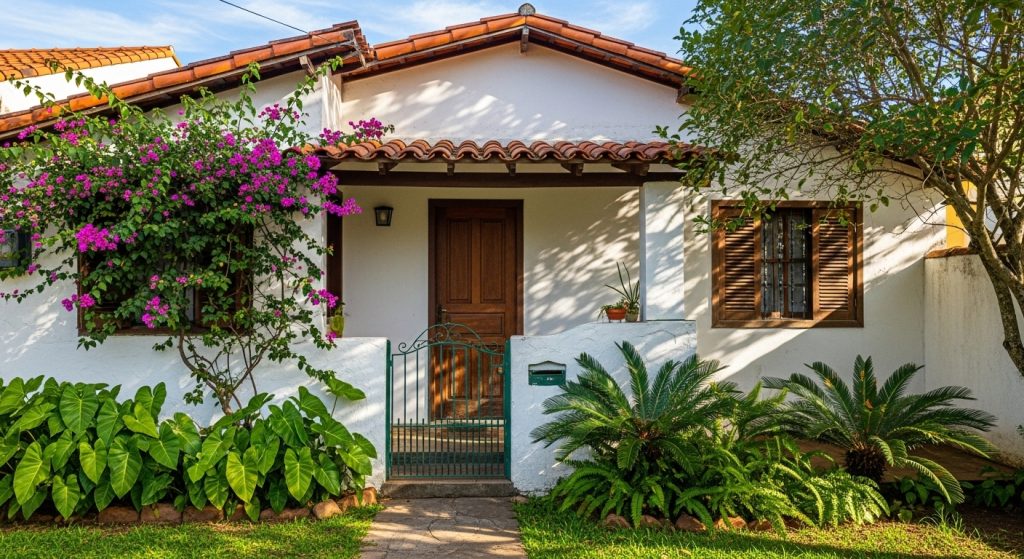 Casa térrea com fachada branca, porta e janelas de madeira, jardim verde e flores roxas na entrada.
