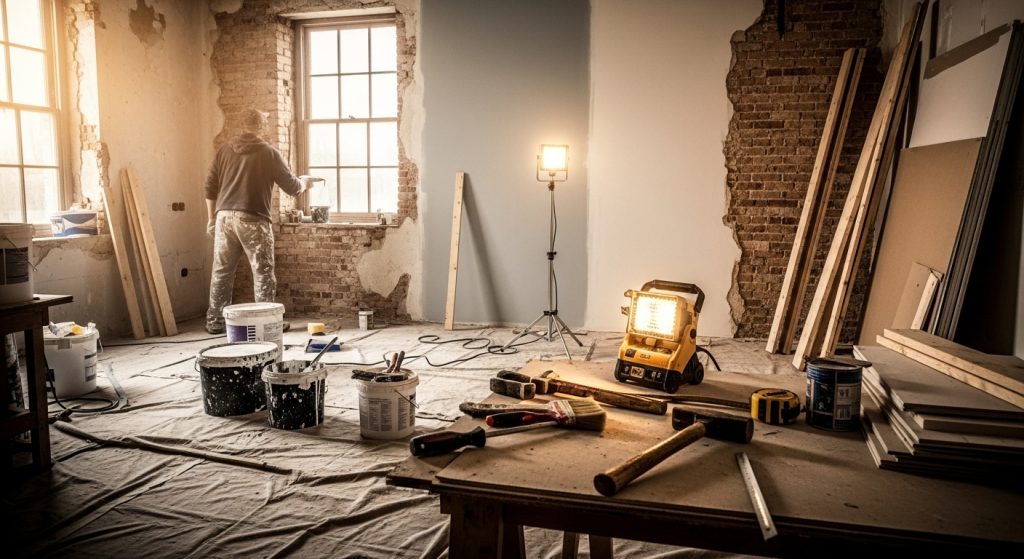 Ambiente interno em reforma com ferramentas, baldes de tinta e pessoa trabalhando próximo à janela.