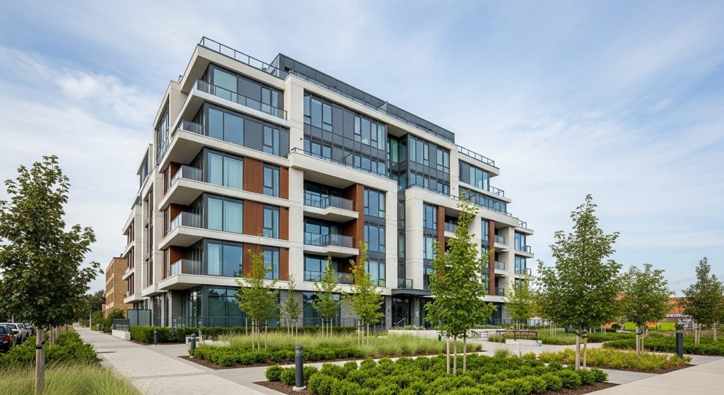 Alt text disse: Prédio residencial moderno de seis andares com sacadas de vidro, fachada de vidro e madeira, cercado por paisagismo.