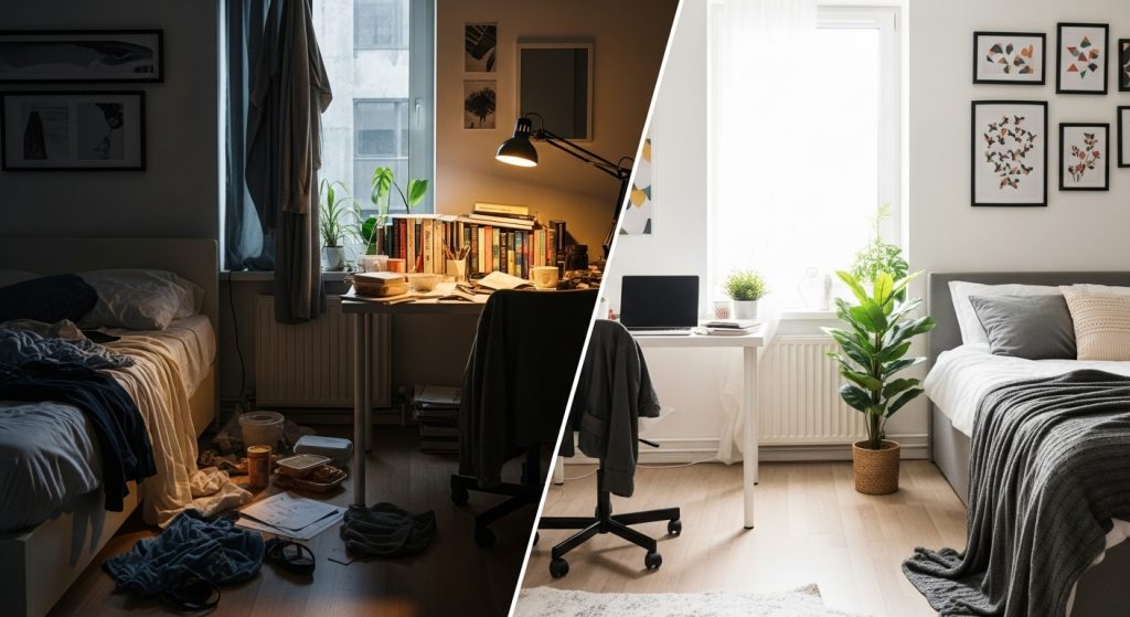 Comparação de quarto desorganizado e escuro à esquerda com quarto limpo e iluminado à direita.