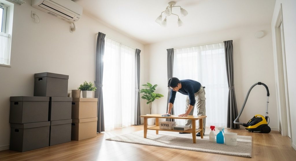 Homem organizando mesa em sala iluminada com caixas de mudança, produtos de limpeza e aspirador de pó.