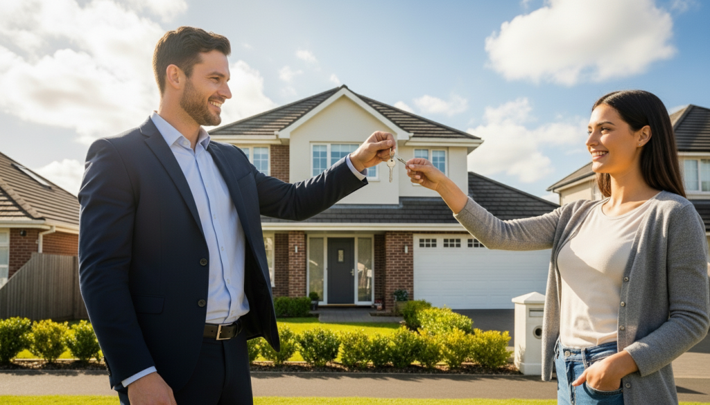 Homem entregando chave para mulher em frente a casa de dois andares com fachada clara e tijolos aparentes.
