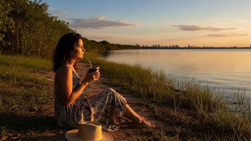 Mulher sentada à beira de uma lagoa ao entardecer, segurando uma cuia de chimarrão, usando vestido leve, com chapéu de palha apoiado no chão, vegetação nativa ao redor e silhueta urbana ao fundo, cena que remete à tranquilidade e aos espaços naturais dos bairros de Pelotas próximos a áreas verdes e corpos d’água.