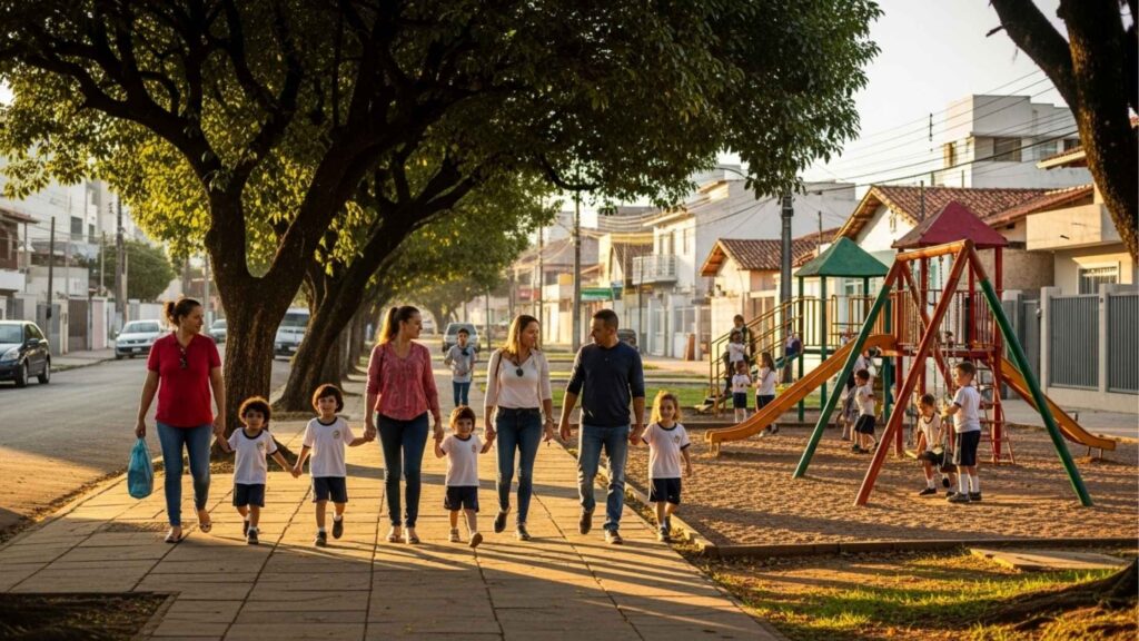 Grupo de adultos caminhando pela calçada com crianças uniformizadas ao lado de uma praça com playground, árvores frondosas e casas residenciais, cotidiano de bairro com convivência comunitária e lazer infantil em uma rua típica dos bairros de Pelotas.