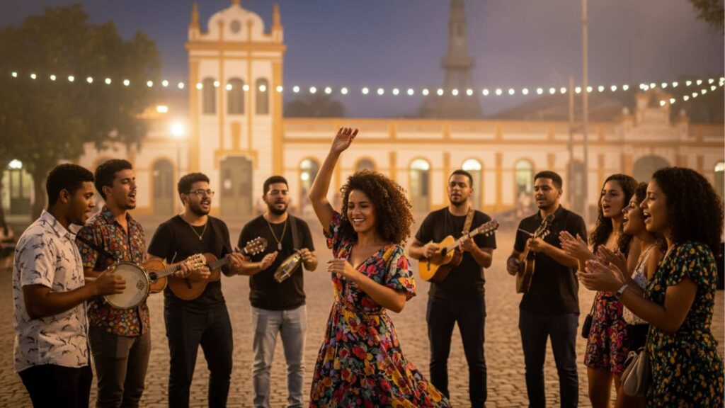 Roda de música ao ar livre com homens e mulheres tocando instrumentos e cantando em praça histórica iluminada à noite, arquitetura antiga ao fundo e pessoas reunidas em celebração cultural, expressão da vida cultural e social presente nos bairros de Pelotas.