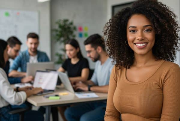 A imagem mostra uma jovem sorrindo em frente a uma mesa de trabalho em um ambiente de escritório moderno. Ao fundo, colegas de trabalho estão concentrados em suas atividades, criando um clima colaborativo e produtivo.