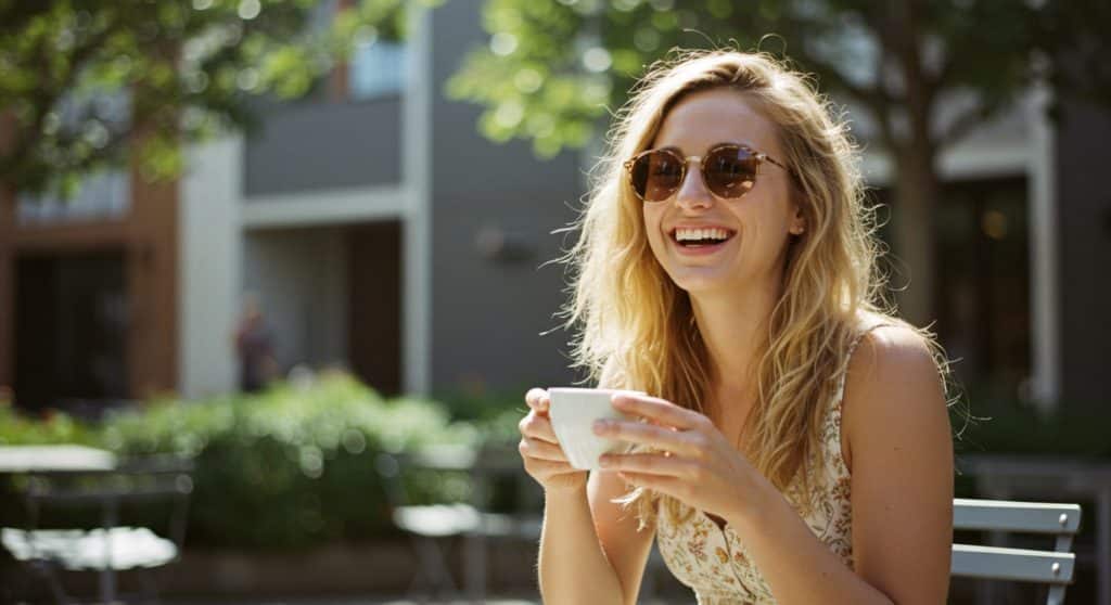 A imagem mostra uma mulher sorrindo enquanto segura uma xícara de café. Ela está usando óculos de sol e tem cabelos loiros e ondulados. O ambiente ao seu redor parece ser ao ar livre, com árvores e um fundo de prédios modernos. A luz do sol ilumina seu rosto, transmitindo uma sensação de relaxamento e prazer. Ela está em um banco, aproveitando um momento tranquilo em um ambiente urbano, possivelmente em uma área de lazer ou parque.