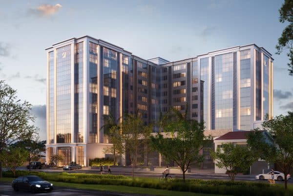 Render de um prédio de arquitetura moderna