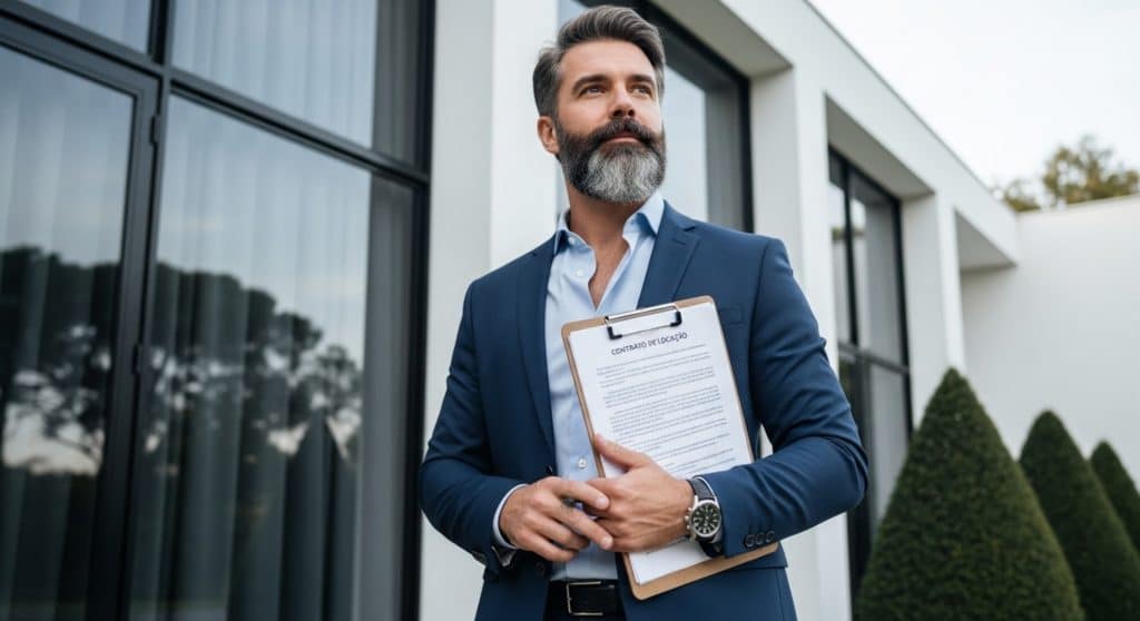 Homem de terno segurando prancheta com contrato de locação em frente a imóvel moderno, representando corretor de imóveis.