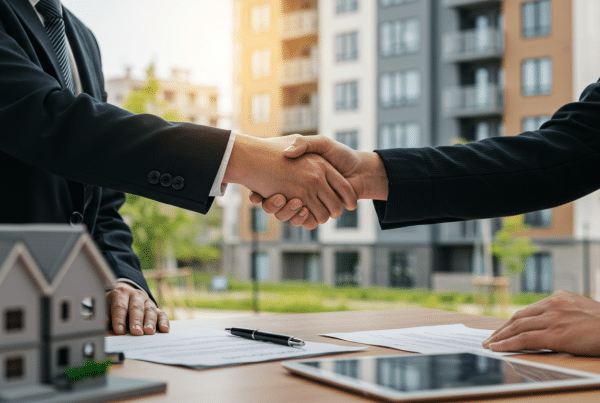O ChatGPT disse: Aperto de mãos entre duas pessoas de terno em frente a um edifício residencial, simbolizando fechamento de negócio imobiliário.