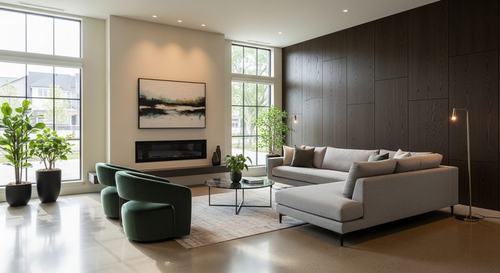 Sala de estar moderna e elegante, com sofás neutros, poltronas verdes e plantas, uma parede de madeira escura e grandes janelas oferecendo luz natural.