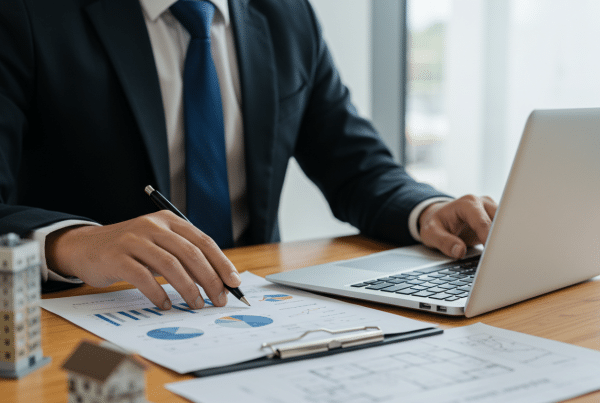 O ChatGPT disse: Profissional de terno analisando gráficos em papéis e trabalhando em um laptop, com miniaturas de edifícios sobre a mesa, em um ambiente de escritório.