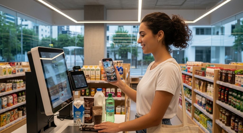 Mulher usando celular para pagar compras em caixa de autoatendimento em mercado moderno e bem iluminado.