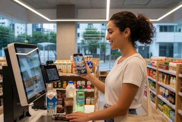 Mulher usando celular para pagar compras em caixa de autoatendimento em mercado moderno e bem iluminado.