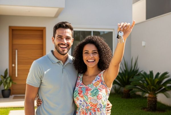 Casal sorridente em frente à casa nova, com a mulher segurando chaves no alto em gesto de celebração.