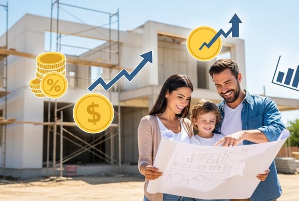 Família com planta de casa na mão em frente a obra com ícones de dinheiro, porcentagem e gráfico de crescimento.