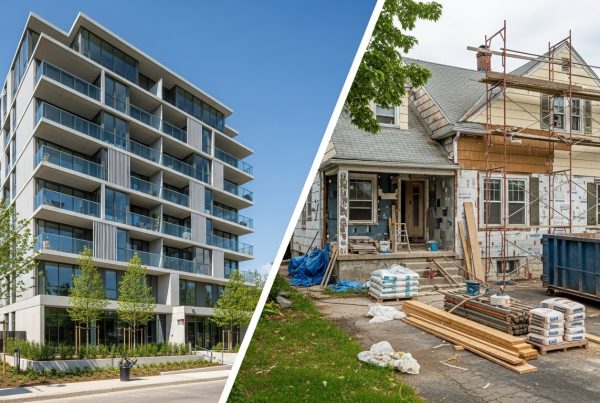 Comparação entre prédio moderno com sacadas de vidro e casa antiga em reforma com andaimes e materiais.