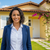 Corretora sorridente em frente a casa térrea com fachada amarela, telhado de cerâmica e jardim com flores.