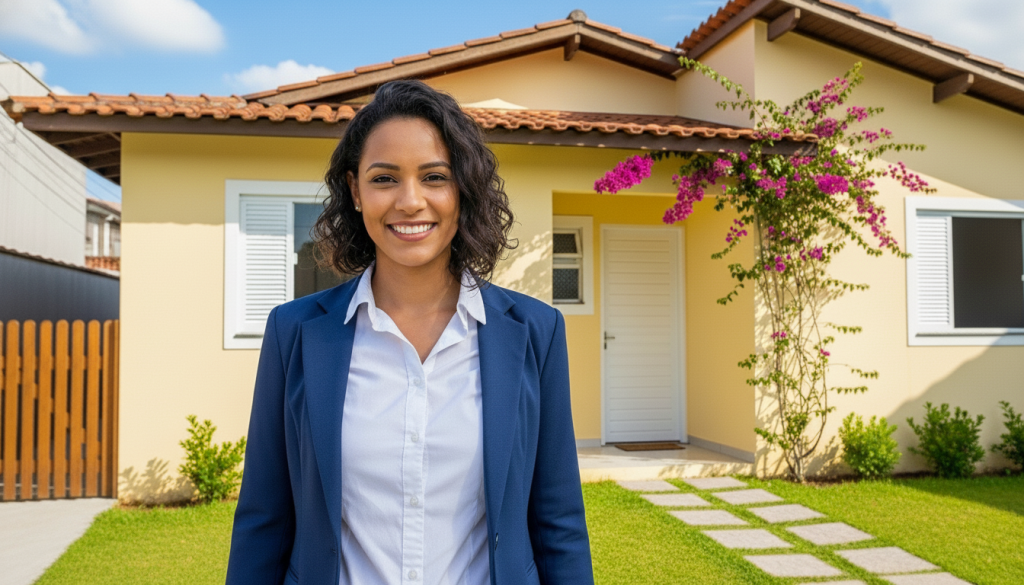 Corretora sorridente em frente a casa térrea com fachada amarela, telhado de cerâmica e jardim com flores.