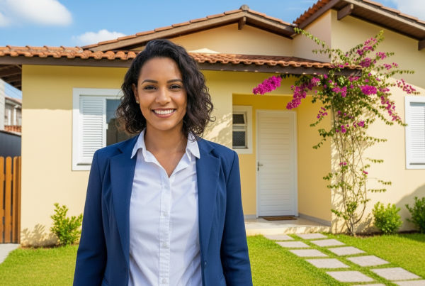 Corretora sorridente em frente a casa térrea com fachada amarela, telhado de cerâmica e jardim com flores.