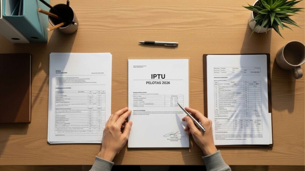 Pessoa segurando um formulário impresso com o título “IPTU Pelotas 2026” sobre uma mesa de madeira, ao lado de documentos, caneca de café, planta e pastas organizadoras.