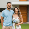 Casal sorridente em frente a uma casa moderna com jardim bem cuidado; o homem veste camisa polo azul clara e a mulher usa vestido floral e segura um buquê de hortênsias.