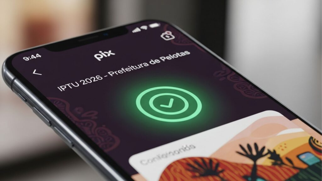Tela de celular exibindo confirmação de pagamento via Pix para “IPTU 2026 - Prefeitura de Pelotas”, com um ícone verde de verificação.
