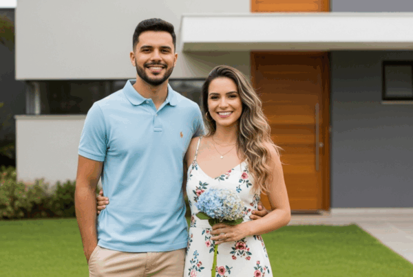 Casal sorridente em frente a uma casa moderna com jardim bem cuidado; o homem veste camisa polo azul clara e a mulher usa vestido floral e segura um buquê de hortênsias.
