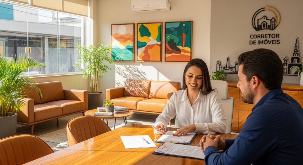 Corretora de imóveis atendendo um cliente em escritório moderno e bem iluminado, com sofás, plantas e quadro decorativo na parede; os dois estão analisando documentos sobre a mesa.