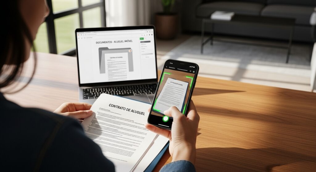 Pessoa usando o celular para escanear um “Contrato de Aluguel” sobre a mesa, com notebook ao fundo exibindo página com documentos de aluguel de imóvel.