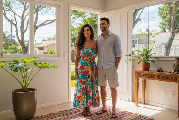 Casal sorridente em pé na entrada de uma casa iluminada, com decoração simples, plantas e vista para a rua através de janelas grandes.