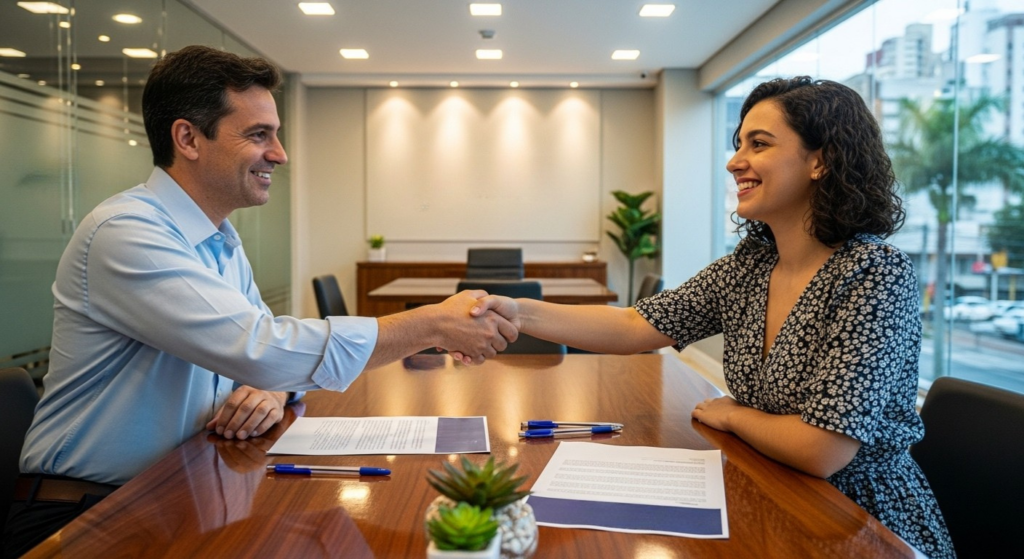 Homem e mulher apertando as mãos sorridentes sobre uma mesa com contratos e canetas, em ambiente corporativo com janelas amplas e vista urbana.