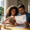 Casal sentado à mesa analisando boleto de “Imposto Predial e Territorial Urbano (IPTU)” em ambiente residencial com luz natural.