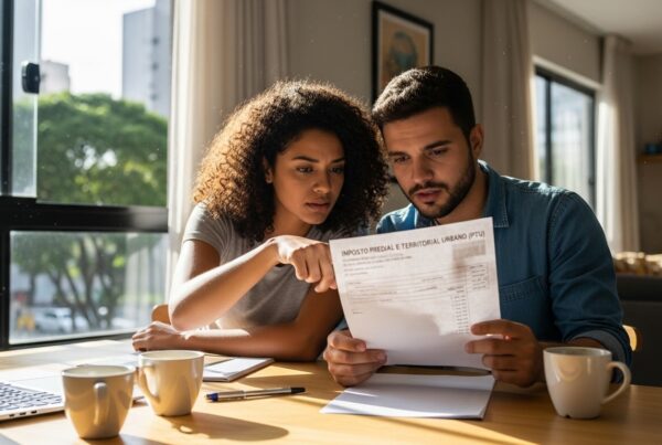 Casal sentado à mesa analisando boleto de “Imposto Predial e Territorial Urbano (IPTU)” em ambiente residencial com luz natural.